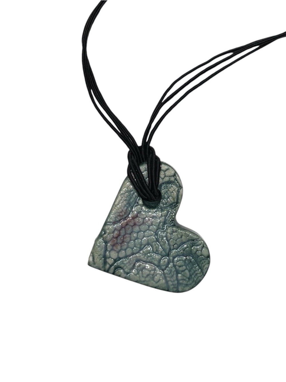 Blue Ceramic Heart Artisan Necklace with Engraved Designs in Teal Blue